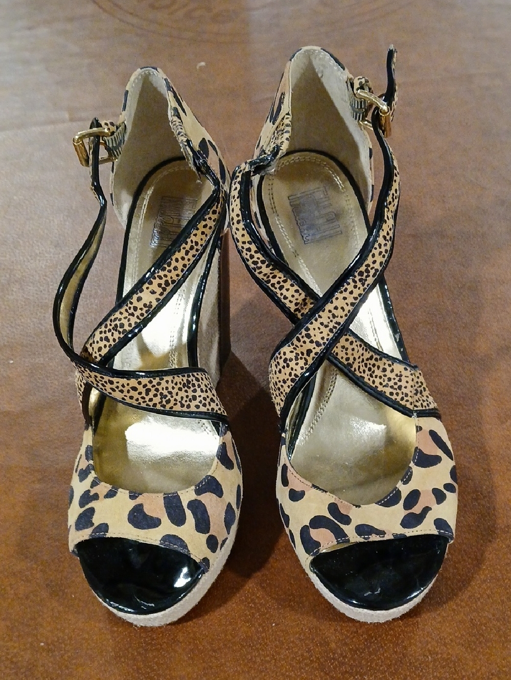 Leopard Print Crisscross Peep-Toe Wedges - Tan/Black